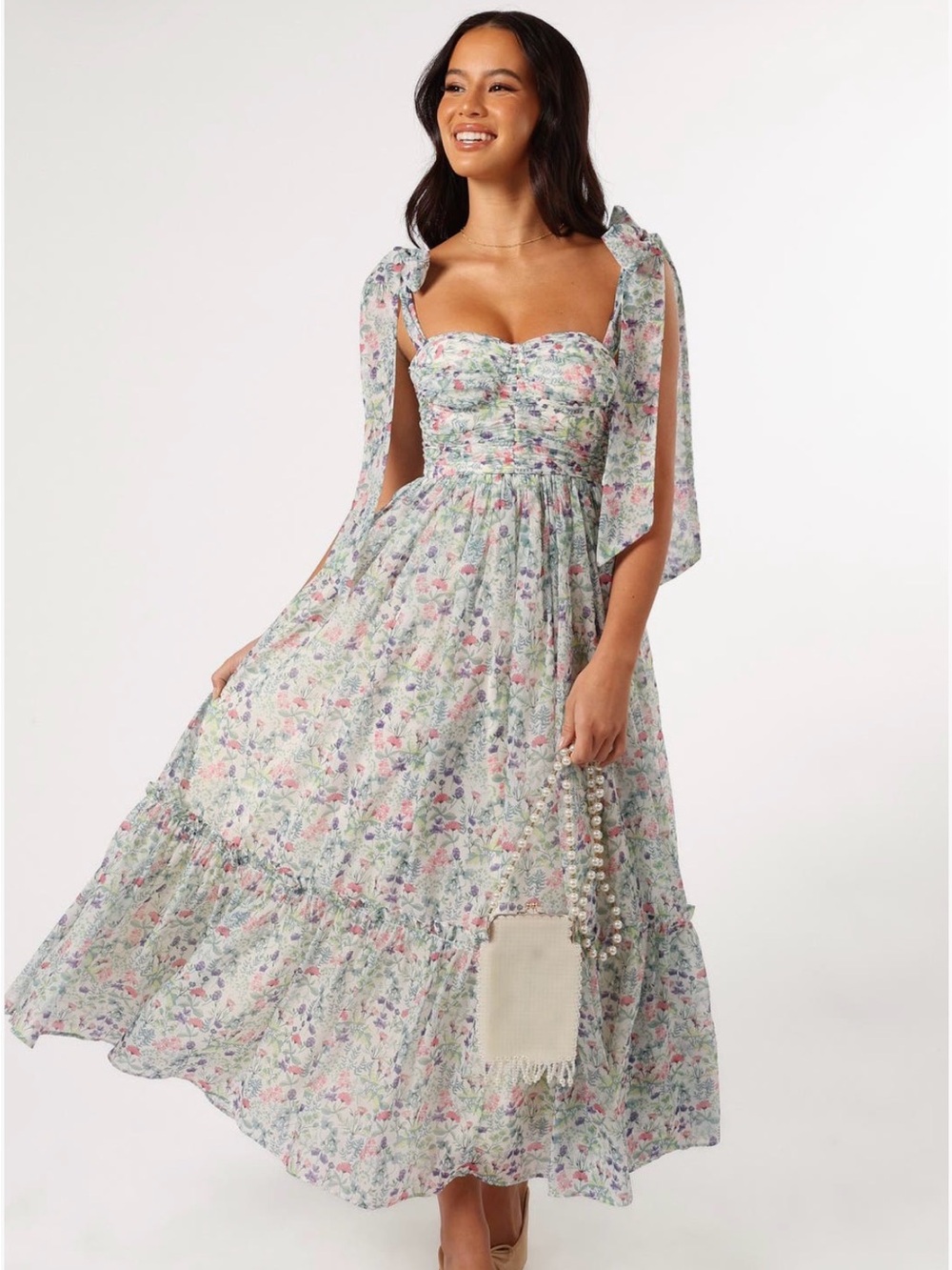 Petal & Pup Floral Tie Strap Maxi Dress Cottagecore Garden Party Size M